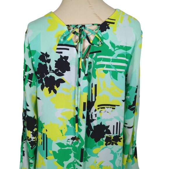 KAARI Blue V-Neck Long keyhole Sleeve yellow green abstract print Dress Size L - Picture 14 of 16
